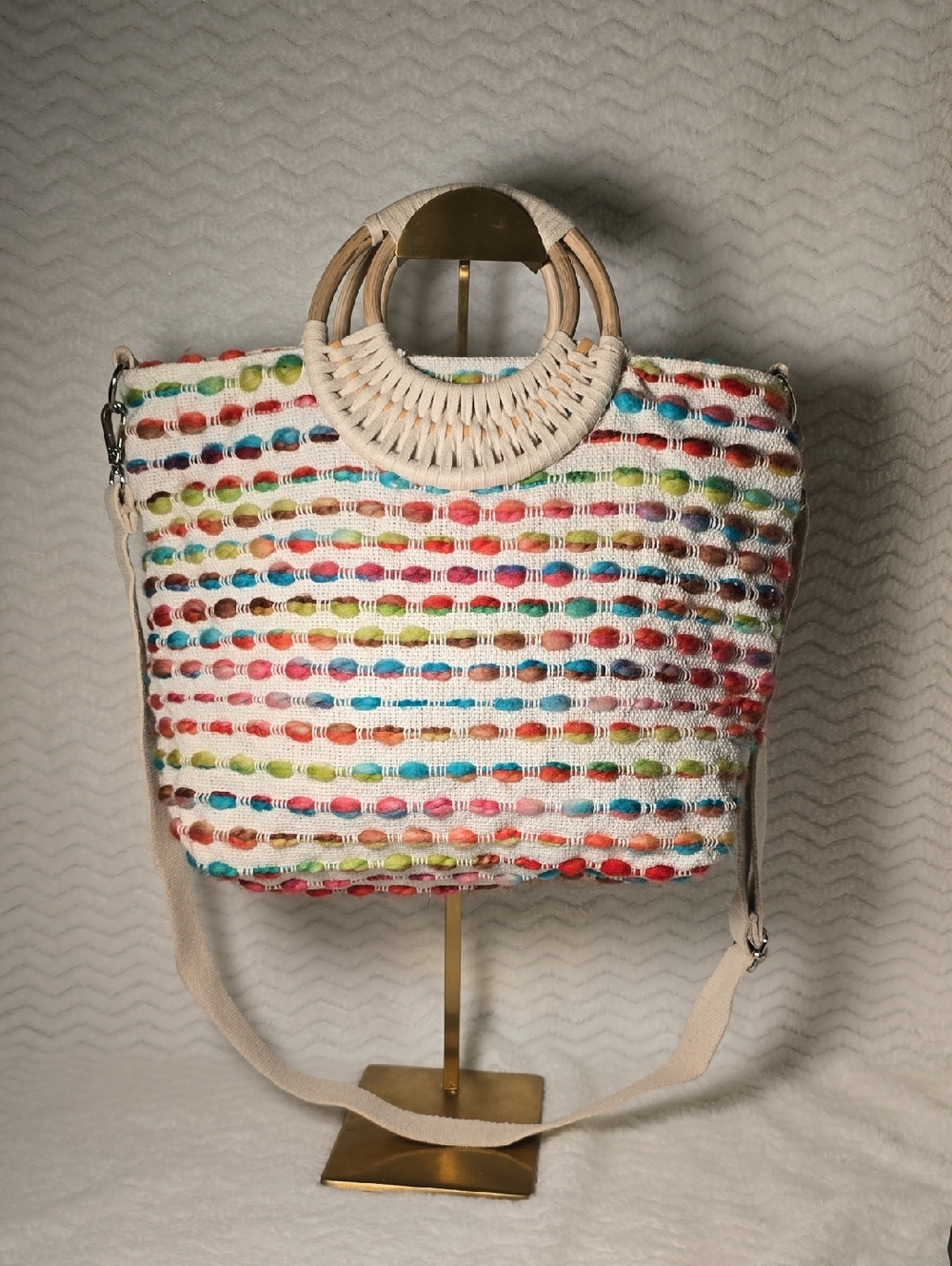 Multicolor Woven Tote Bag with Round Bamboo Handles & Shoulder Strap